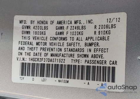 2013 Honda Accord Lx from USA, damaged, VIN 1HGCR2F37DA071522